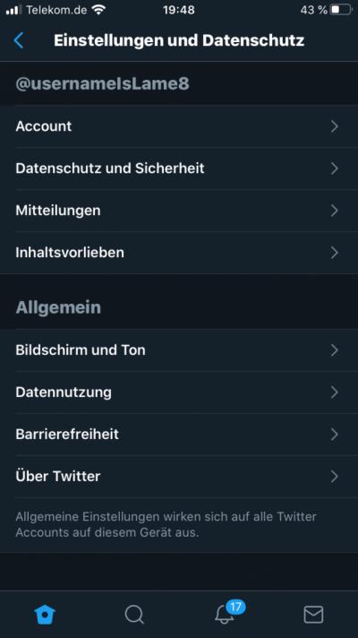 Twitter für iPhone Einstellungen > Account