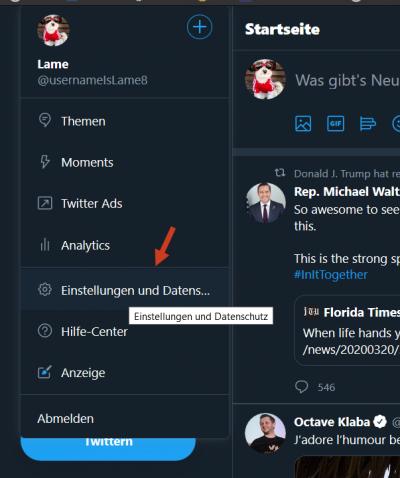 Twitter Webseite für Desktop PCs: Einstellungen öffnen